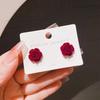 Retro New Burgundy Flocked Rose Flower Stud Earrings Plush Camellia Earrings Guochao Ear Jewelry