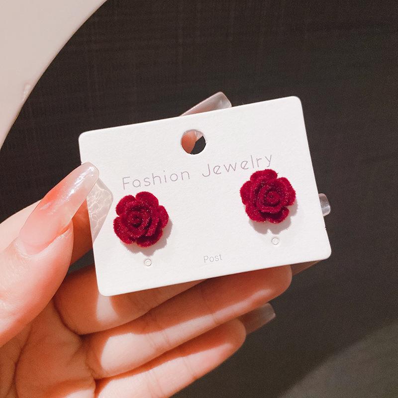 Retro New Burgundy Flocked Rose Flower Stud Earrings Plush Camellia Earrings Guochao Ear Jewelry