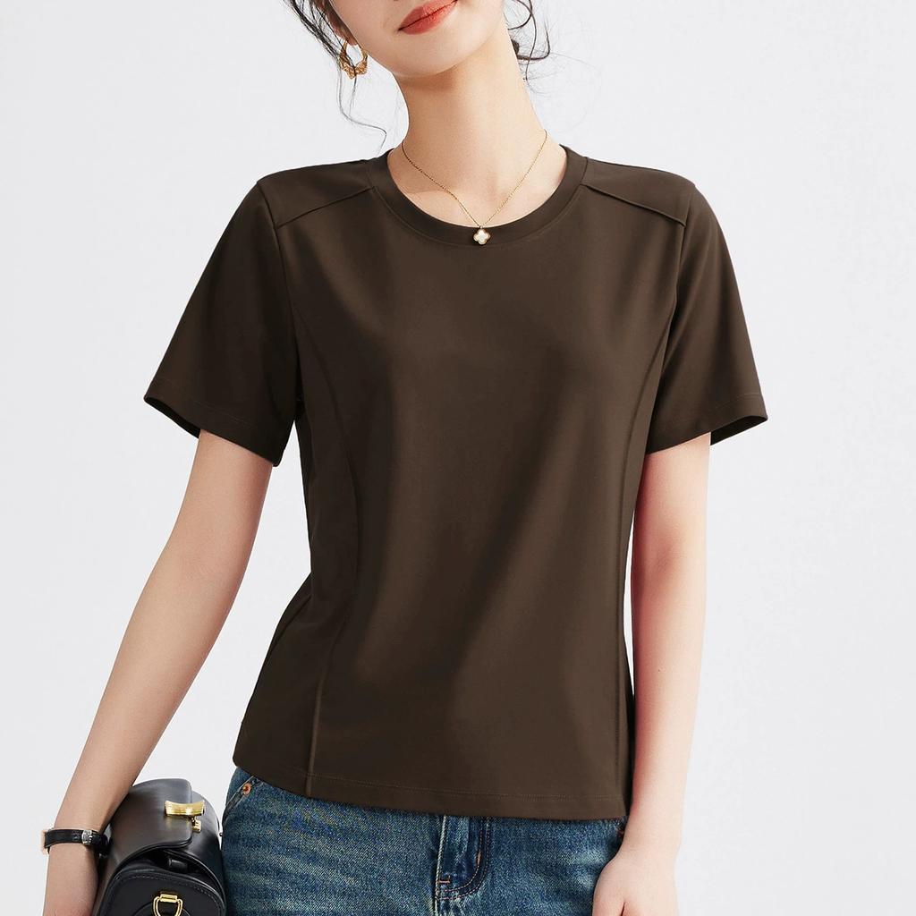 Summer Women's White Mercerized Cotton T-Shirt Stitching Round Neck Basic Top Plus Size Slim Fit Layered Casual Blouse