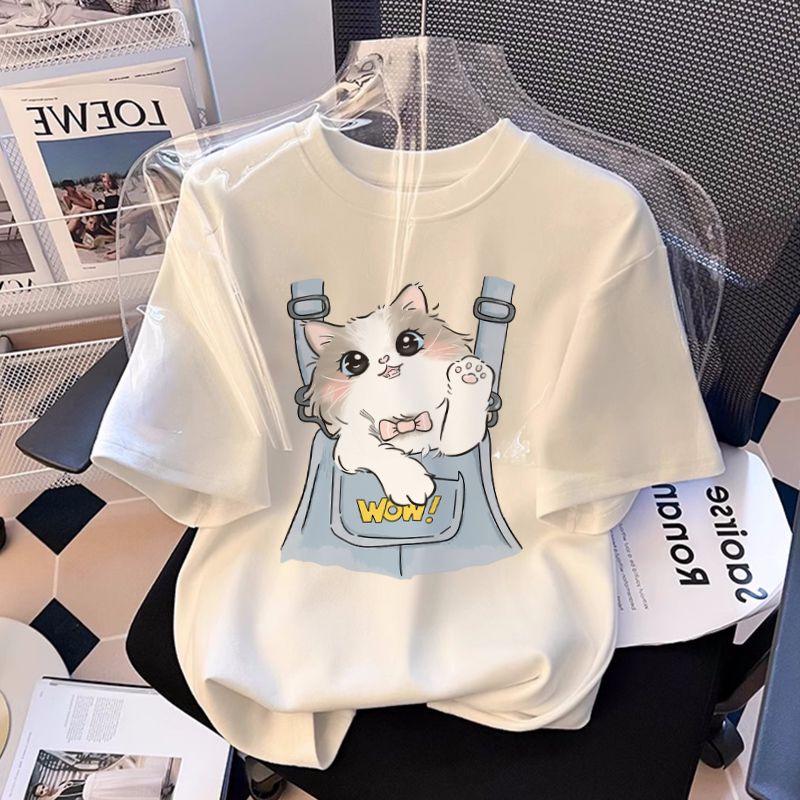 Women's Pure Cotton Summer Kitten T-shirt - New 2026 Design, Versatile Short Sleeve Top