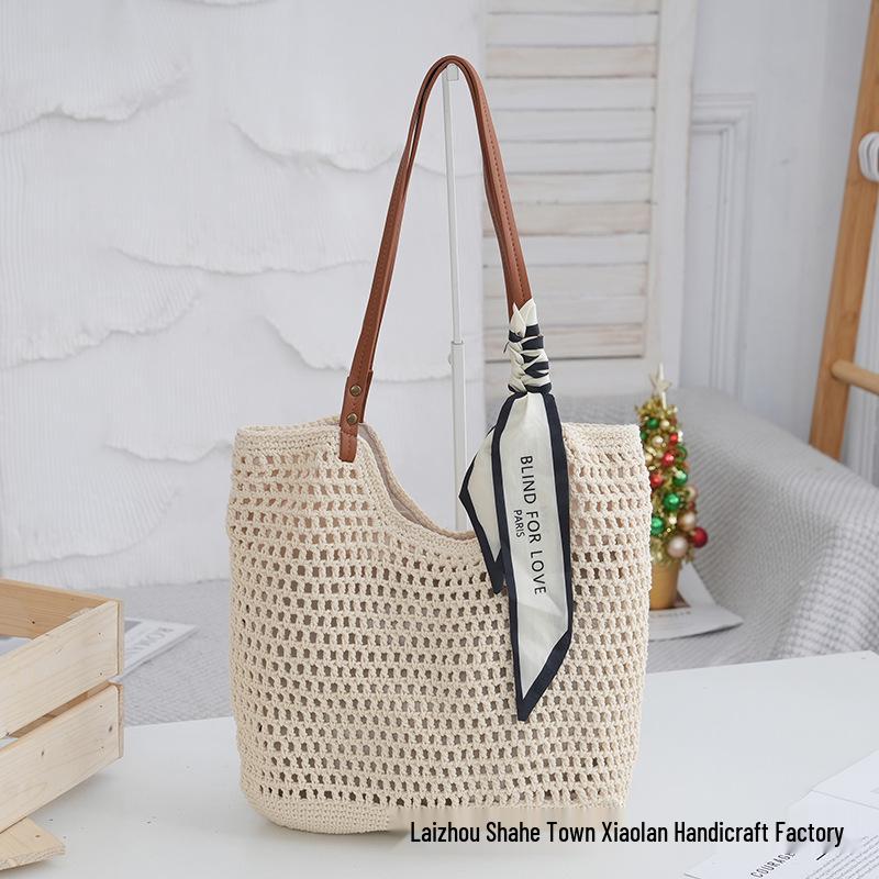 

Вязаная крючком хлопковая сумка-тоут с кисточками ручной работы для женщин - Повседневный отпускной стиль 2025 Small грязно-белый