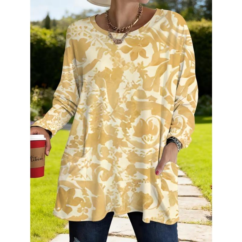 Women's Long-sleeved Round-neck T-shirt, Suitable for Spring, Autumn and Winter Seasons. It Has Pockets and Print Designs. Machine Washable.