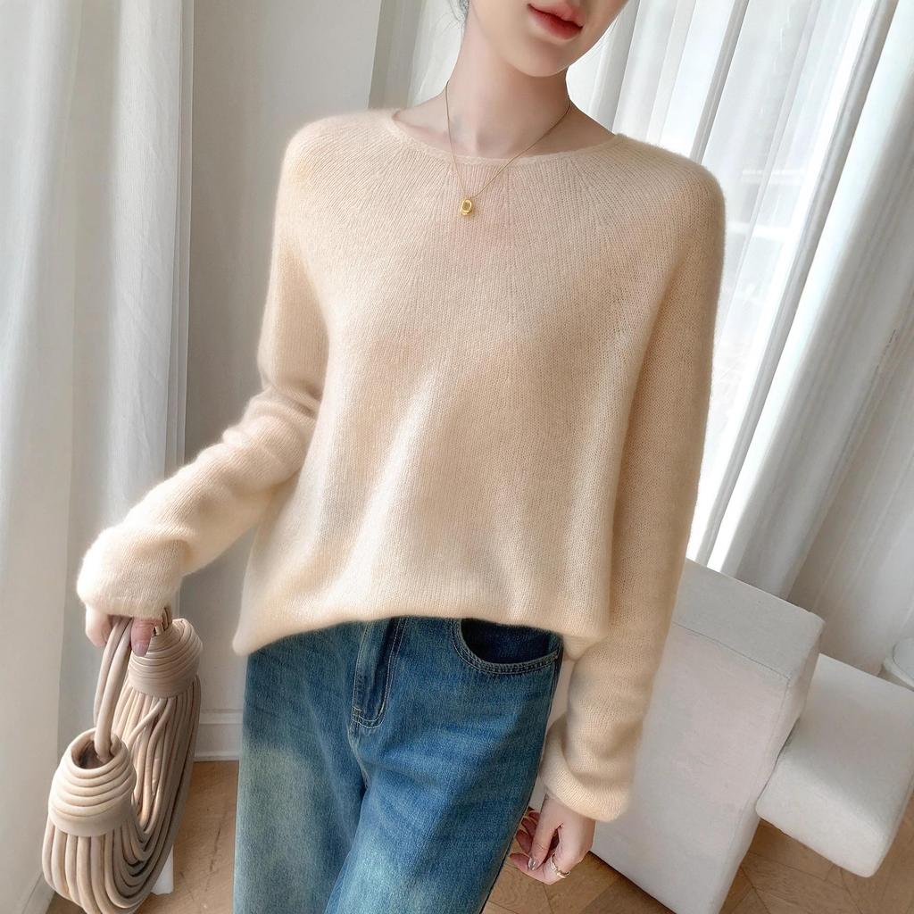 Elegant One-Shoulder Mulberry Silk Cashmere Sweater for Women - Slimming Autumn/Winter Knit Base Layer
