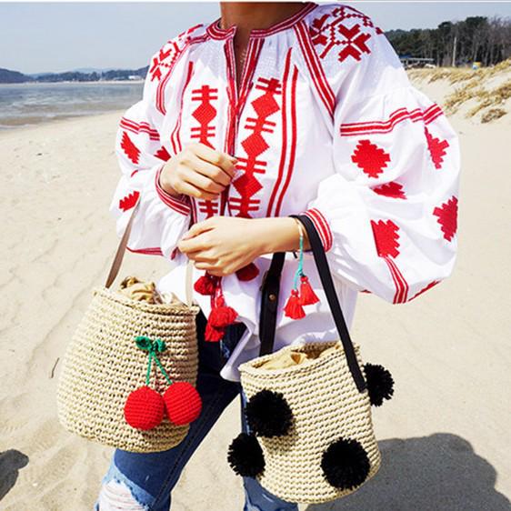 

Корейская милая сумка через плечо с вишневой соломой - Идеально подходит для пляжа и путешествий Straw Black Ball