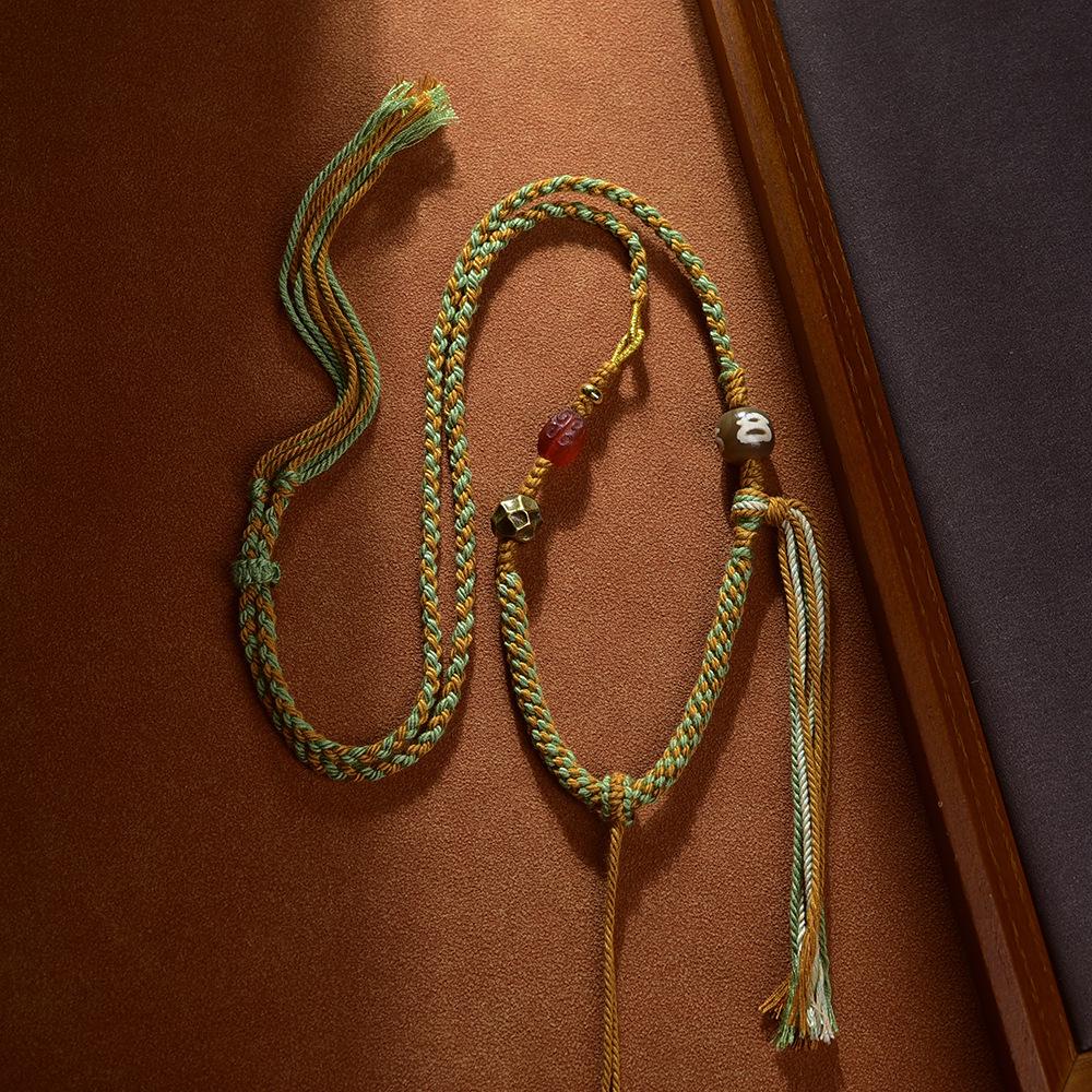 Tibetan Handmade Adjustable Dzi Bead Amulet Necklace with Thangka Pendant and Wax Amber Jade.