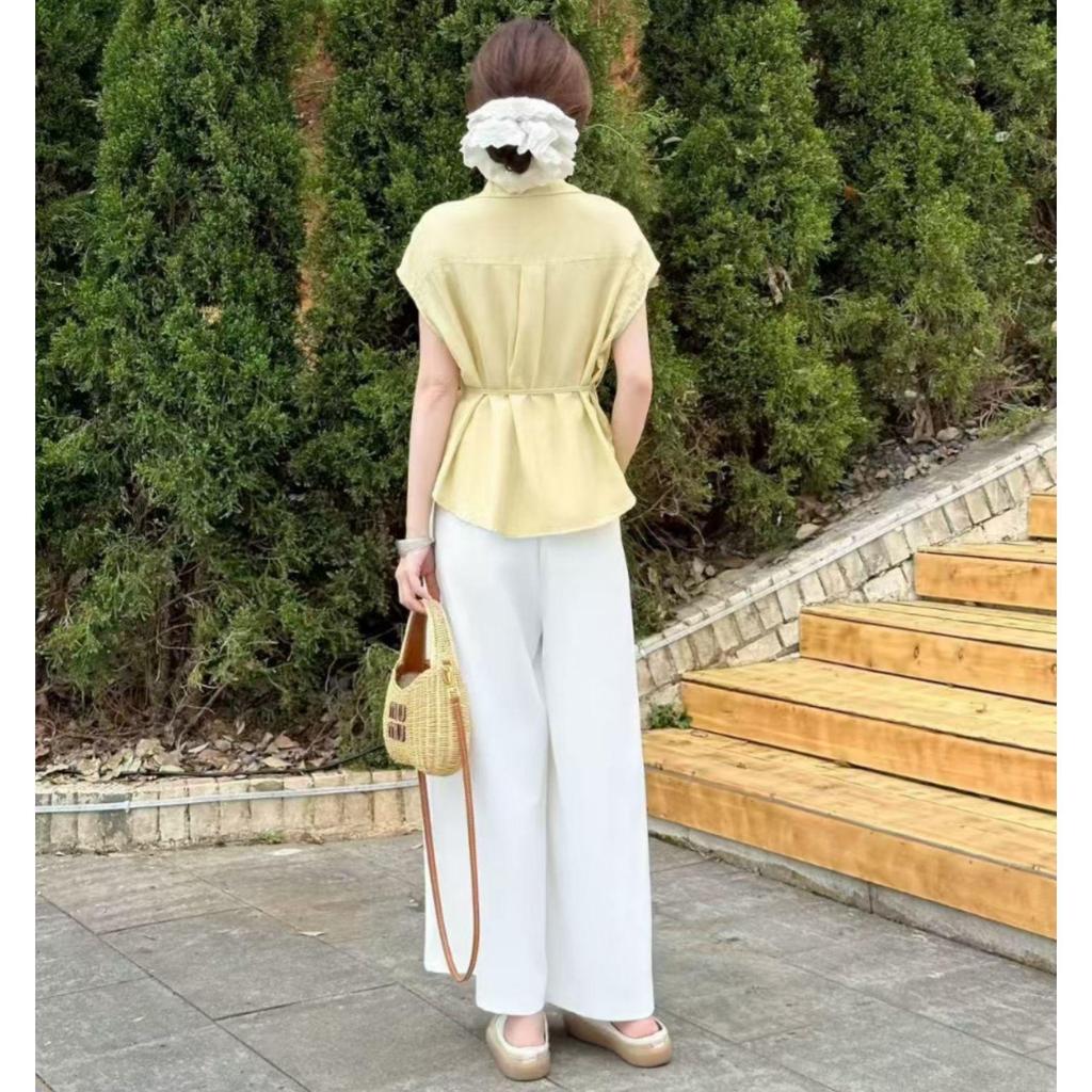 Elegant Korean Summer Two-Piece Set: Slimming Short Sleeve Shirt & High-Waisted Wide-Leg Pants for Women (2025 Fashion)