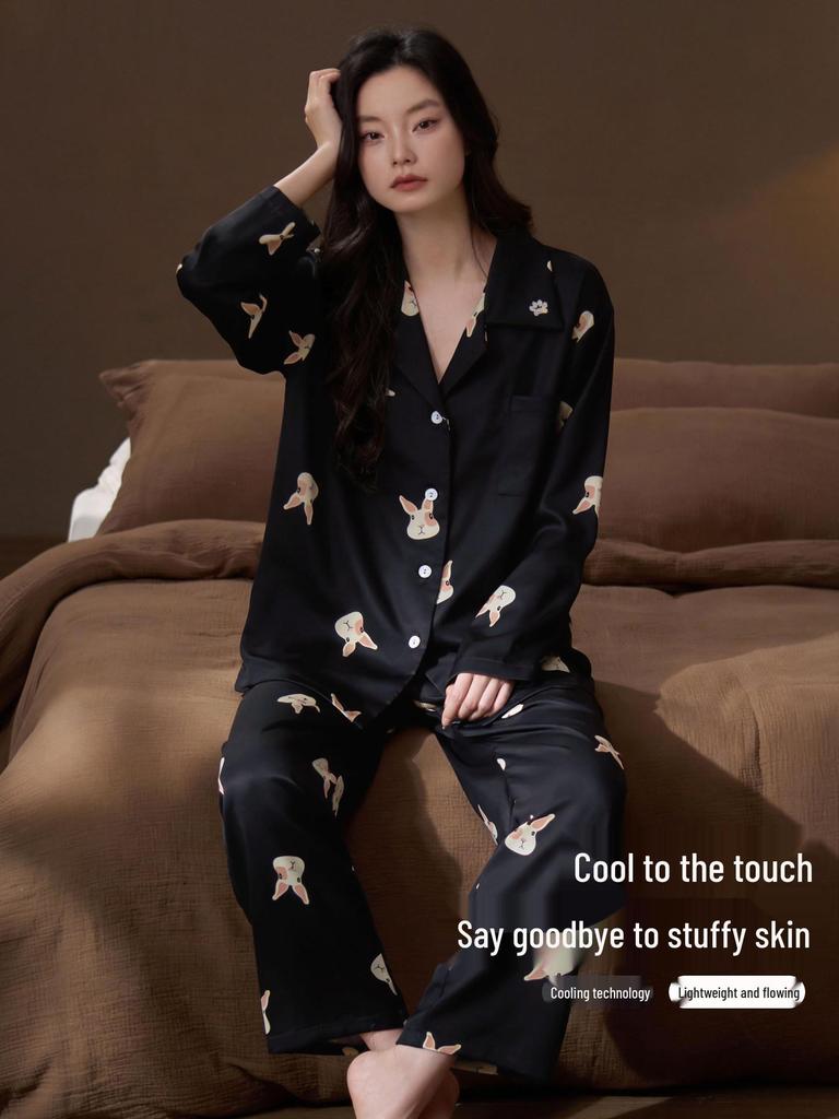 Women's Ice Silk Pajamas Set - Long Sleeve, Lightweight, Little Dog Print, High-End Feel for Spring and Autumn Home Wear.
