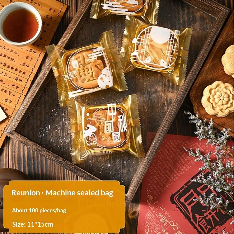 100Pcs Sealable Mooncake Packaging Bags Adorable Rabbit Prints Food Grade for Mid-Autumn Festival Baking Store Gift Packaging Use