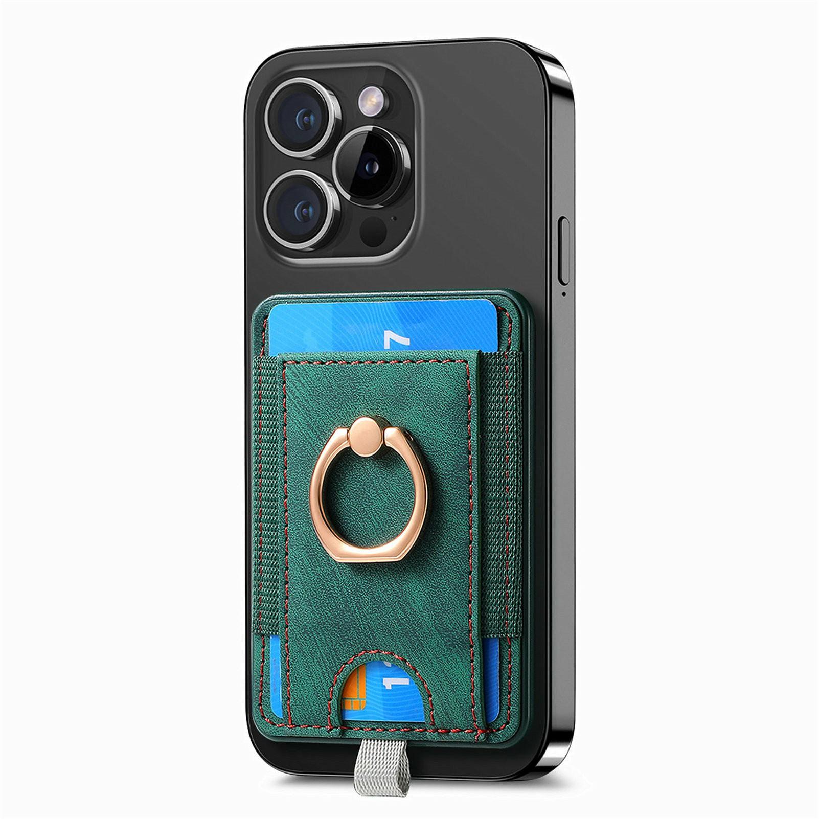 

MC-W6 Magnetic Card Holder with Ring Kickstand PU Leather Phone Card Bag Green