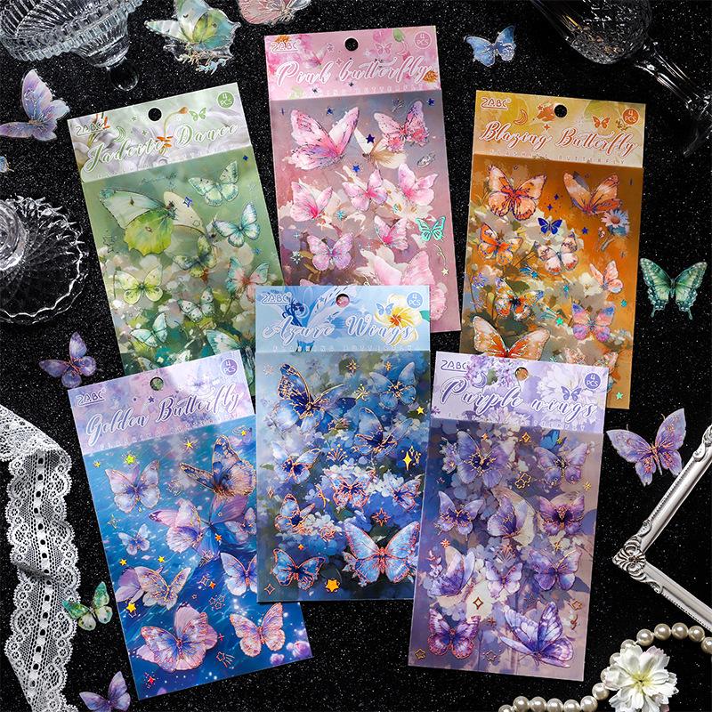 ZABC Set de Pegatinas de Sombra de Mariposa Parpadeante: Decoración de Collage para Diario con Estampado en Caliente, 6 Estilos de Inspiración Europea.