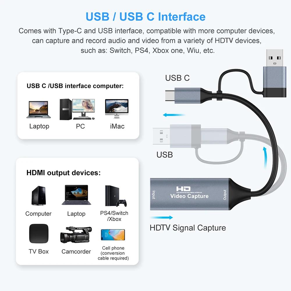 USB 3.0 Video Capture Card 4K HDTV To USB/Type-C Game Grabber Record Video Audio Recording for Switch Xbox PS4/5 Live Broadcast
