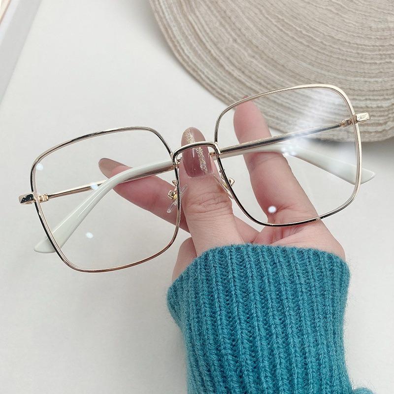 Anti-blue Light Glasses Radiation Flat Plain Large Square Metal Frame Diny Diamonds Eyeglasses Replaceable for Girl and Women