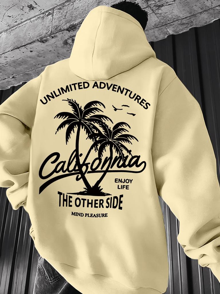 Vacation Style Hip Hop Sweatshirt For Men, California Seaside Scenery Letter Slogan Back Design, Soft Skin Friendly Daily Sports Hoodie