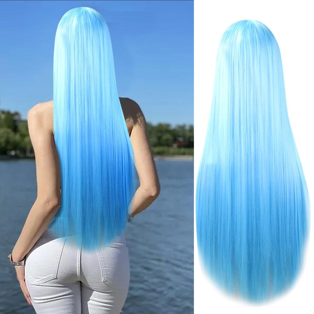 Blue Long Straight Wig Hair 150% Density For Lolita Anime Cos Play Party Women Hair For Sleeping Fast Shipping