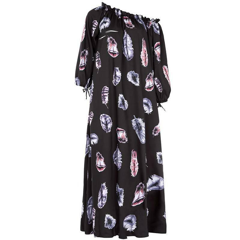 Vestido Estampado De Plumas De Un Hombro Mujer Media Manga V Vestido Estampado De Plumas De Un Hombro Mujer Media Manga V