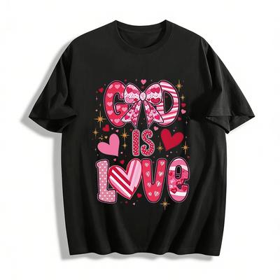 God Is Love Themed Top Heart Bow Print Romantic Festival T-Shirt Pure Cotton T-shirt