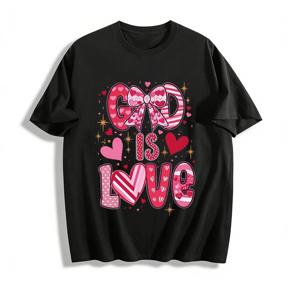 God Is Love Themed Top Heart Bow Print Romantic Festival T-Shirt Pure cotton T-shirt XXS
