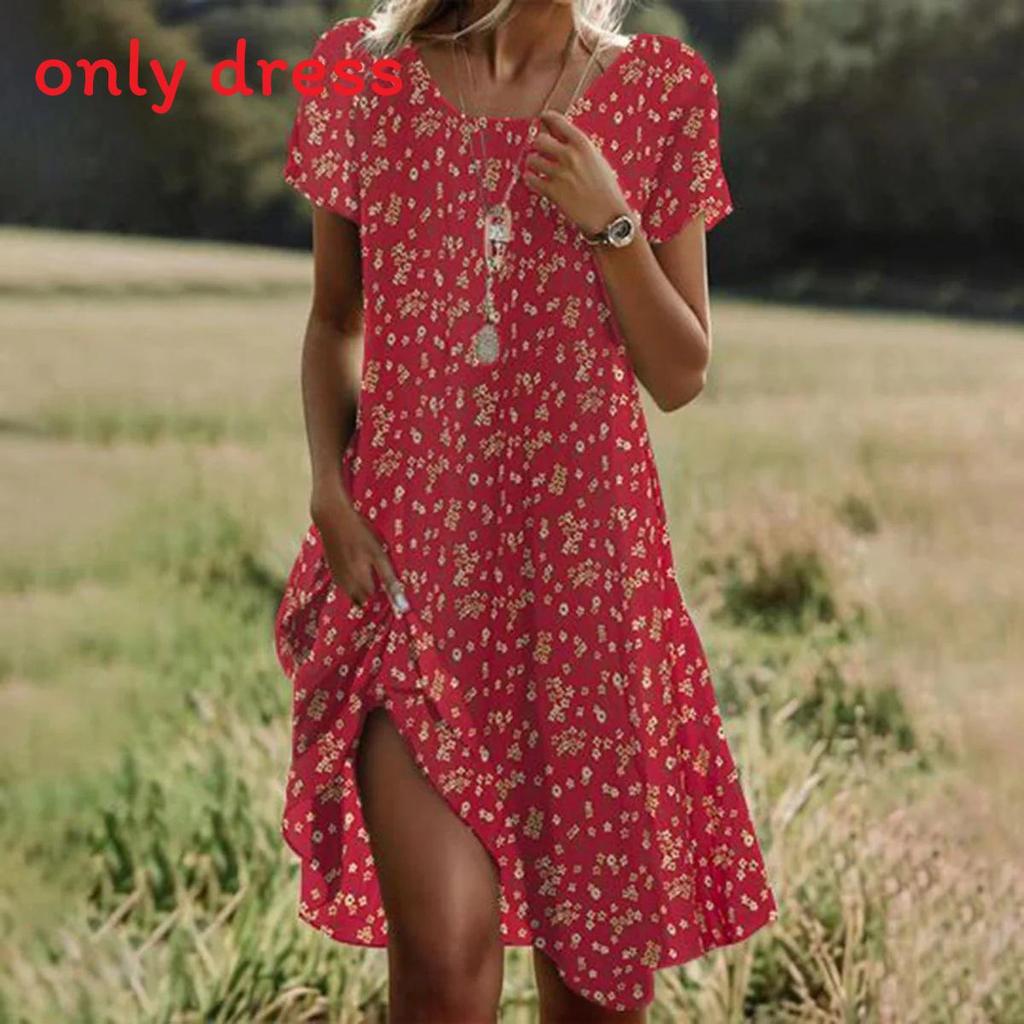 Mittellanges Kleid im Ethno-Stil aus Polyesterstoff mit Blumenprint für den Sommer