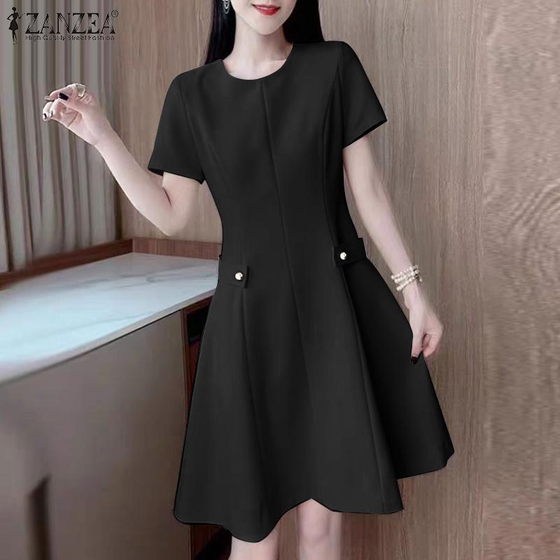 ZANZEA Women Casual Round Neck Short Sleeve Summer Elegant Dress
