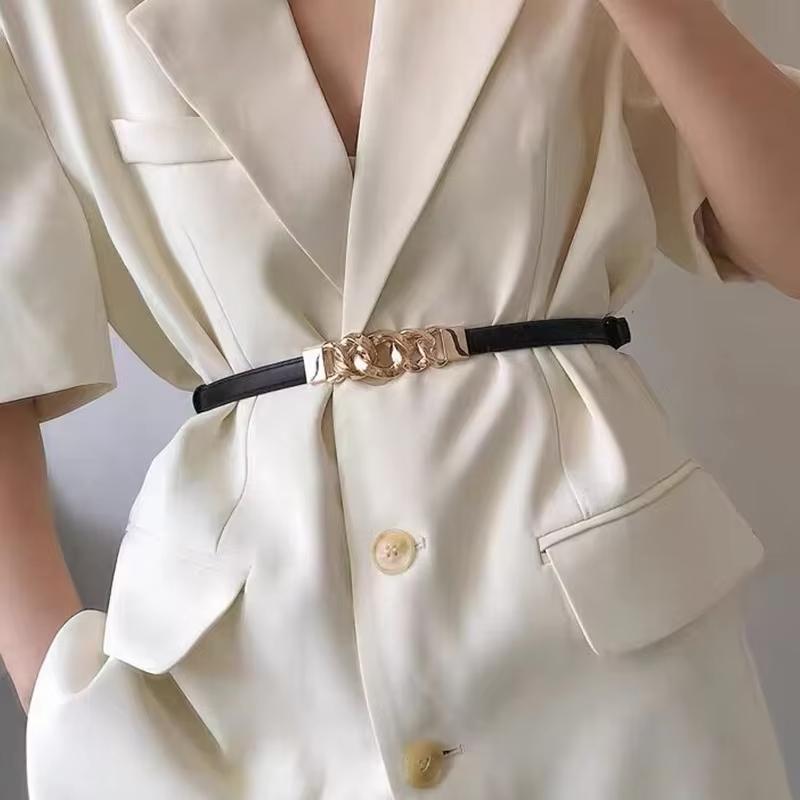 Metal Chain Buckle Belt For Women Lady Solid Color Thin PU Leather Adjustable Straps Jeans Pants Wild Decorative Waistband