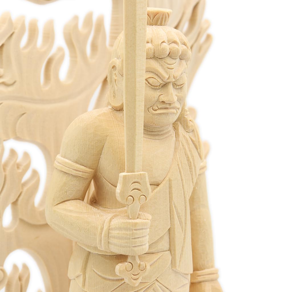Special Buddhist Statue Standing Acala inches height width 12 depth Cypress Wood Carving with Flame Halo and Square Rock 1129 Kurita's [Myo-o] Statue,