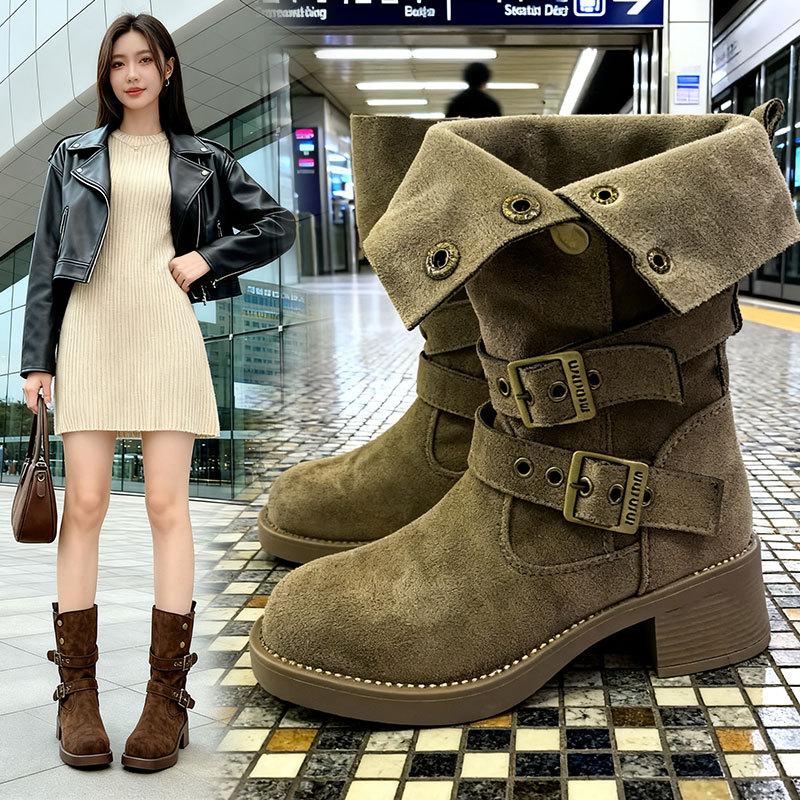Fashion retro western pile boots women's autumn and winter new thick heel British style belt buckle short knight boots