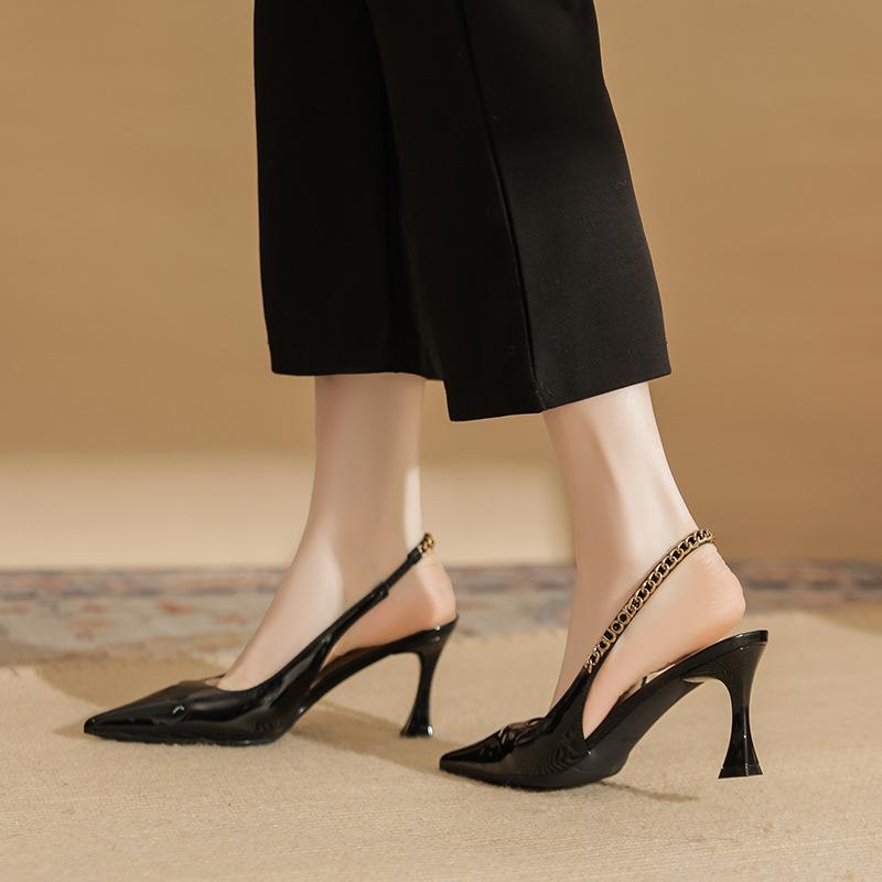 73213 [sheepskin] high heels women's thin heels 2025 new pointed empty sandals temperament commuter shoes