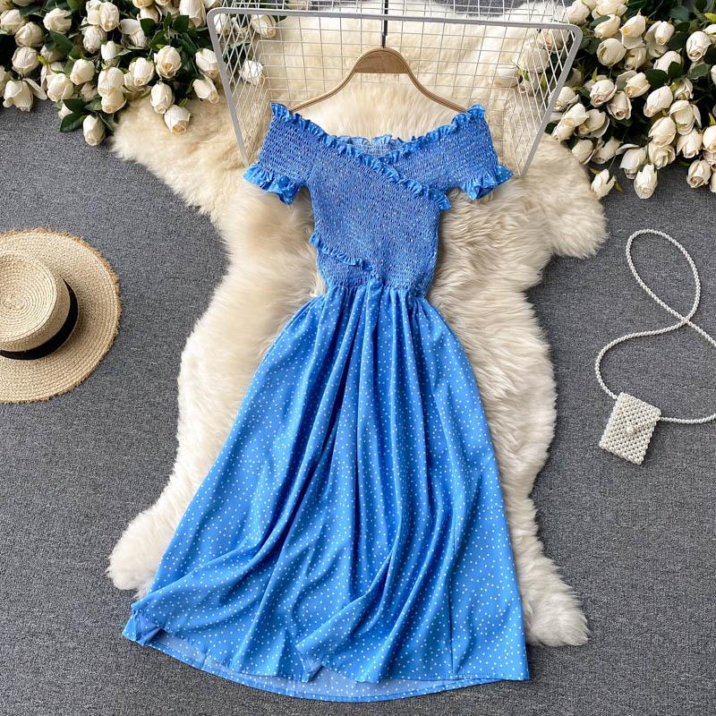 

RUGOD винтажное бохо с принтом в горошек с открытыми плечами сексуальное летнее длинное платье вечерние эластичное женское платье-туника с крестообразным вырезом для пляжного отдыха One Size синий