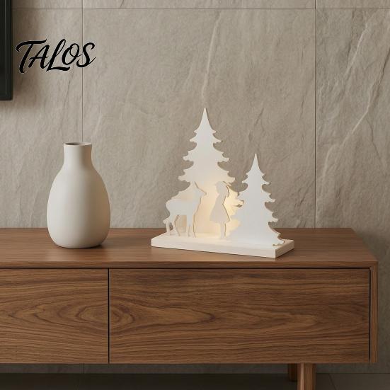 Stable Base Decorative Figurines Christmas Girl Reindeer Tabletop Decor, 3D Printed Fairy Tale Forest Silhouette White Deer Decor with Tree,