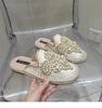 2026 New String Bead Half Slippers Spring Slides Women Shoes Pearl Hemp Women Cotton Fabric Lace Shoes