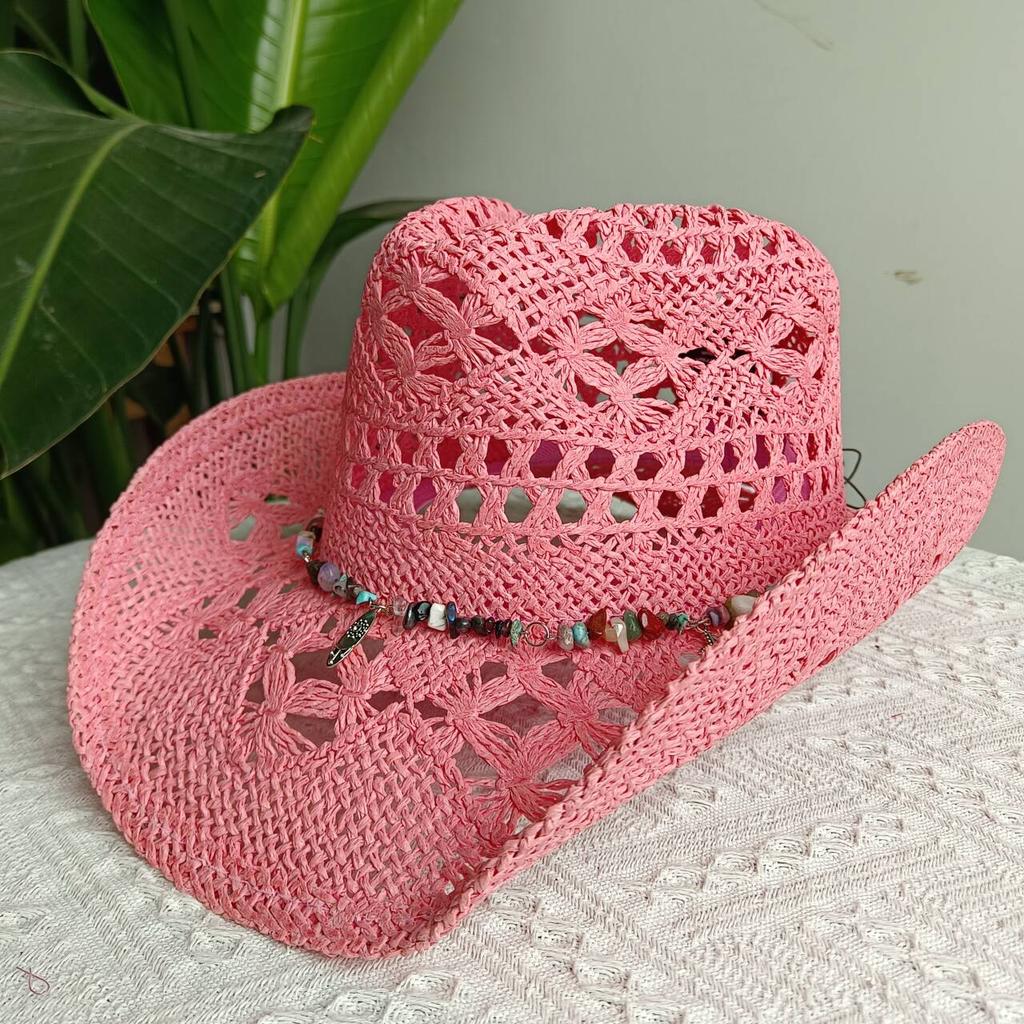 2026straw New cowboy hat women'shollow woven cowboy straw hat retro elegant western cowboy wide brim hat