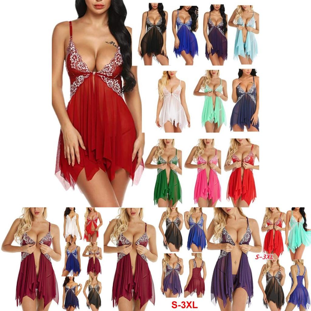 Seducente Babydoll Sexy in Pizzo da Donna Taglie Forti con Scollo a V Profondo e Tessuto a Rete Trasparente