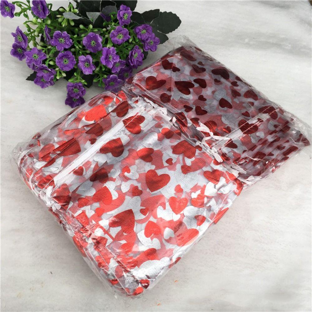 20pcs Love Heart Valentine's Day Gift Bag Drawstring Bronzing Gift Bag Mesh Candy Pouches  Wedding