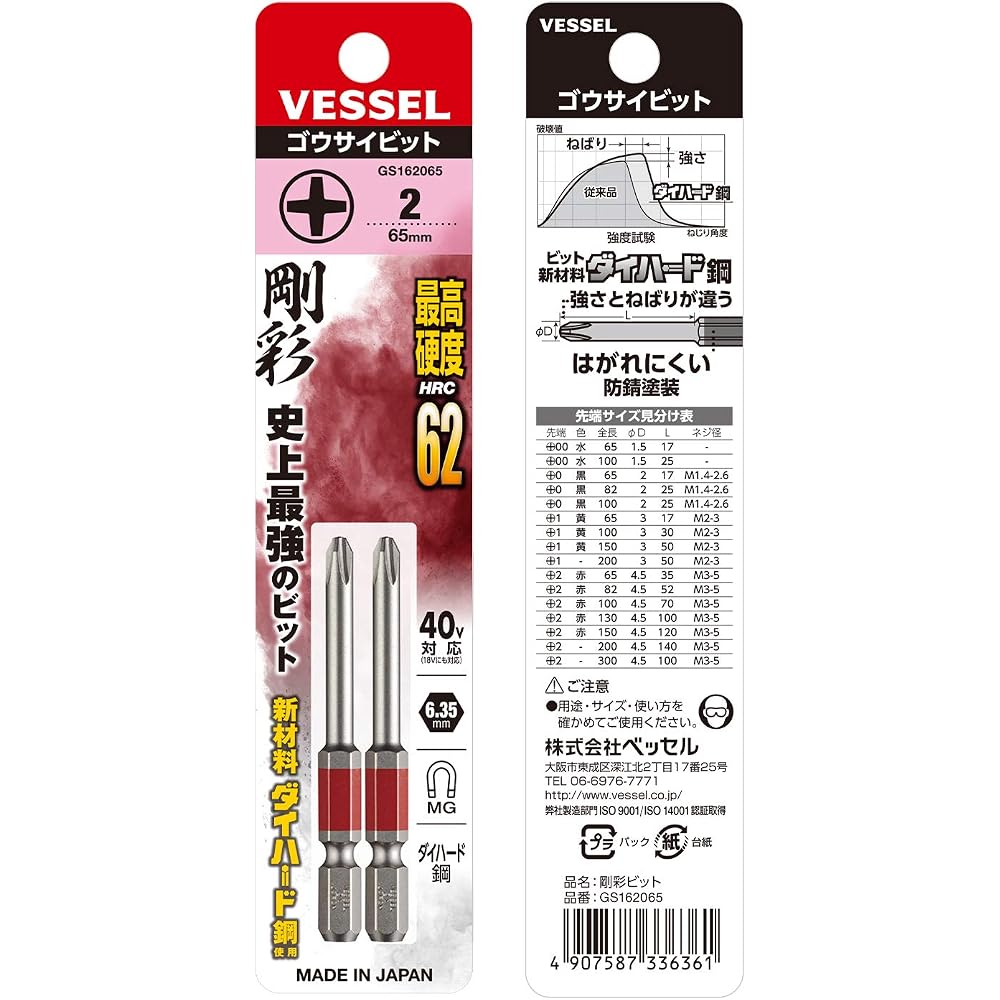 VESSEL (VESSEL) 40V Compatible Single End Rigid Color Bits +2 x 65 GS162065