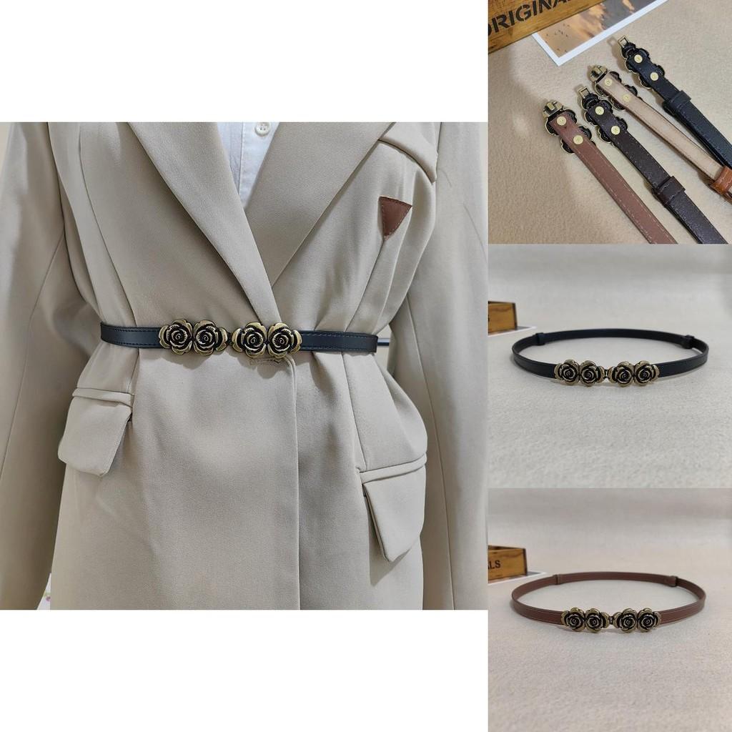 Minimalist Leather Waist Sash For Dresses With Polished Finish And Rose Pattern For Daily Office Attire