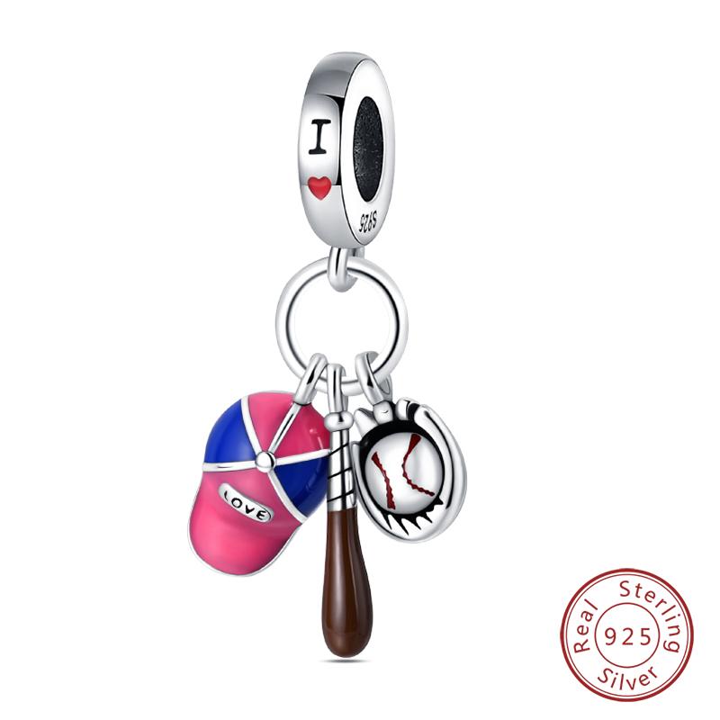 Original 925 Silver Sports Charm Beads Dumbbell Badminton Football Baseball Pendant For Bracelet Jewelry