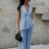 Womens Two Piece Outfits Dressy Casual Sleeveless V Neck Vest Wide Leg Pant Suits Dressy Casual Summer Vacation Outfits