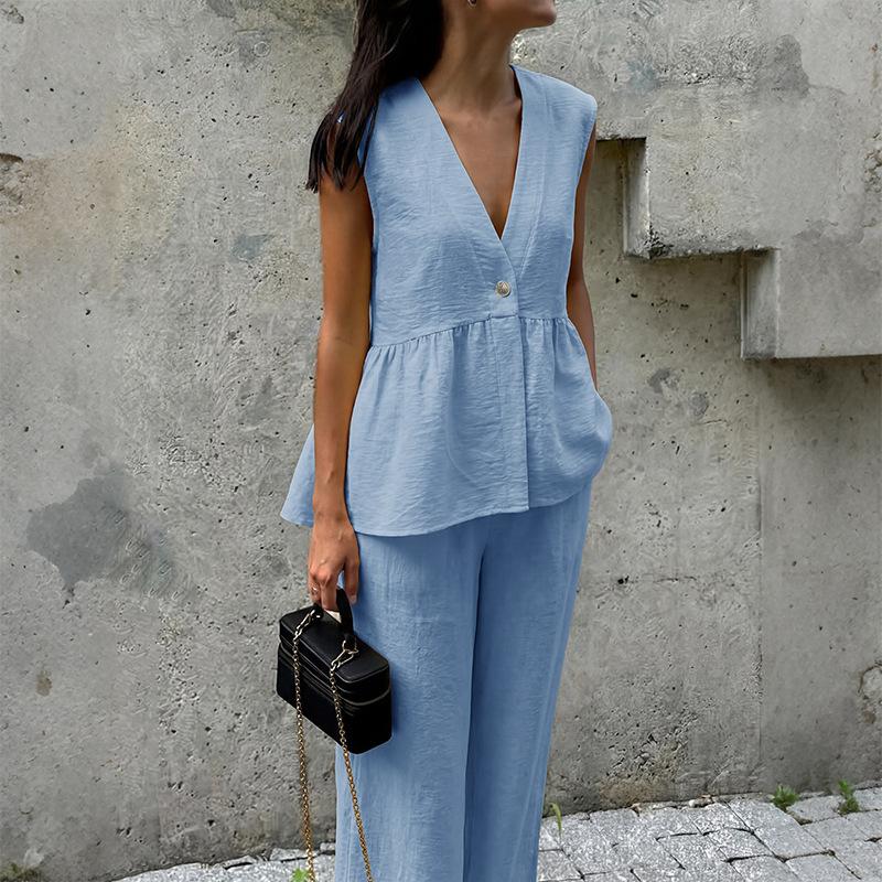 Womens Two Piece Outfits Dressy Casual Sleeveless V Neck Vest Wide Leg Pant Suits Dressy Casual Summer Vacation Outfits