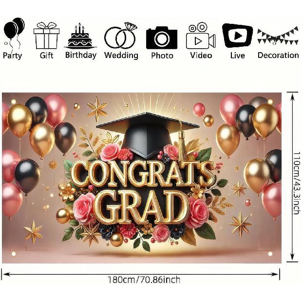 Graduation Banner 71 x 43 Inch Congrats Grad Party Decoration Photo Backdrop for Class of 2025 Graduation Celebration Senior Graduate School Ceremony
