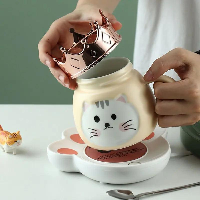 Hrnček s držákem na mobilní telefon ve tvaru korunky, Kreslený keramický hrnek s kočkou, Vysoce hodnotné dívčí sklenice na vodu, Dárkové nápojové nádobí