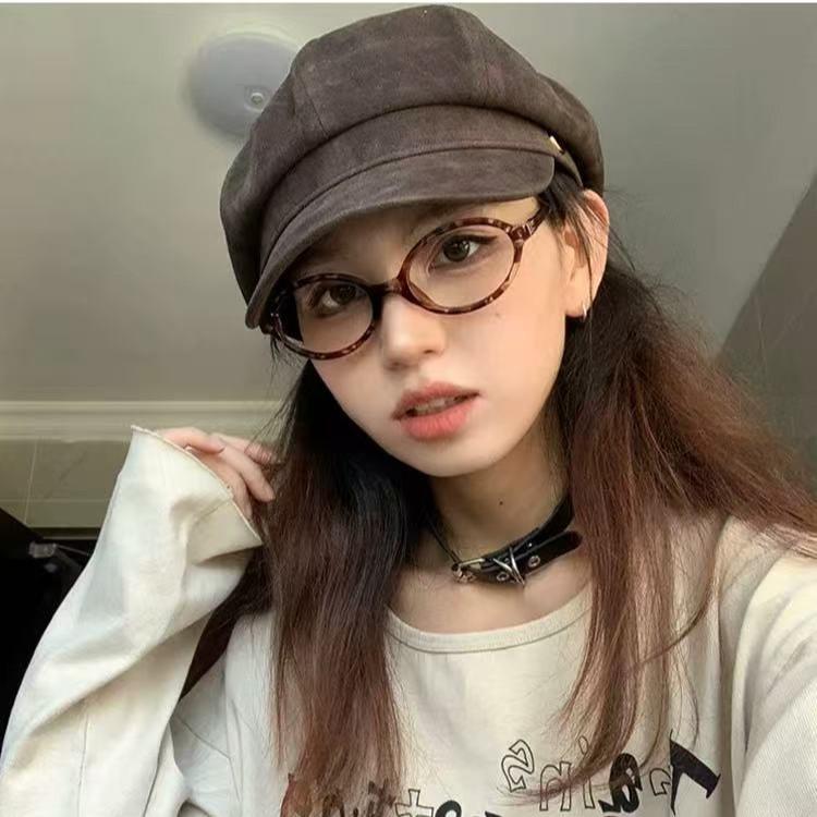 Japanese Brown Beret Female Autumn Leather Art Painter Hat Retro Newsboy Hat Slim British Octagonal Hat
