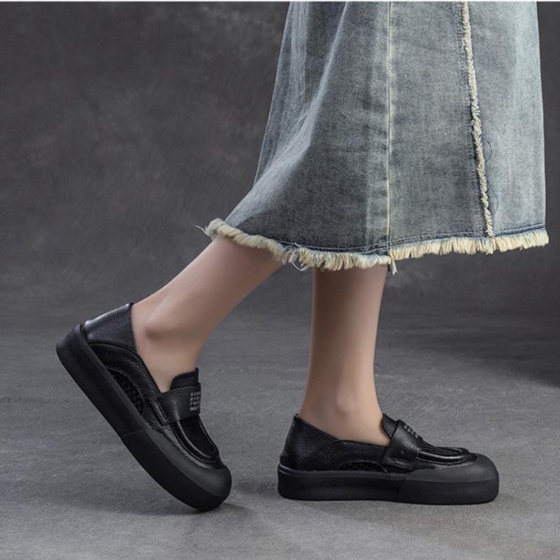 Johnature Versatile Breathable Mesh Flat Shoes Retro Genuine Leather Comfortable Sandals Women's Slip-on Shoes