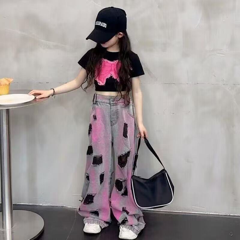 Girls' Summer Outfit Set Short Sleeve Sweet Cool Jeans Children's Summer Girls' Two Piece Set