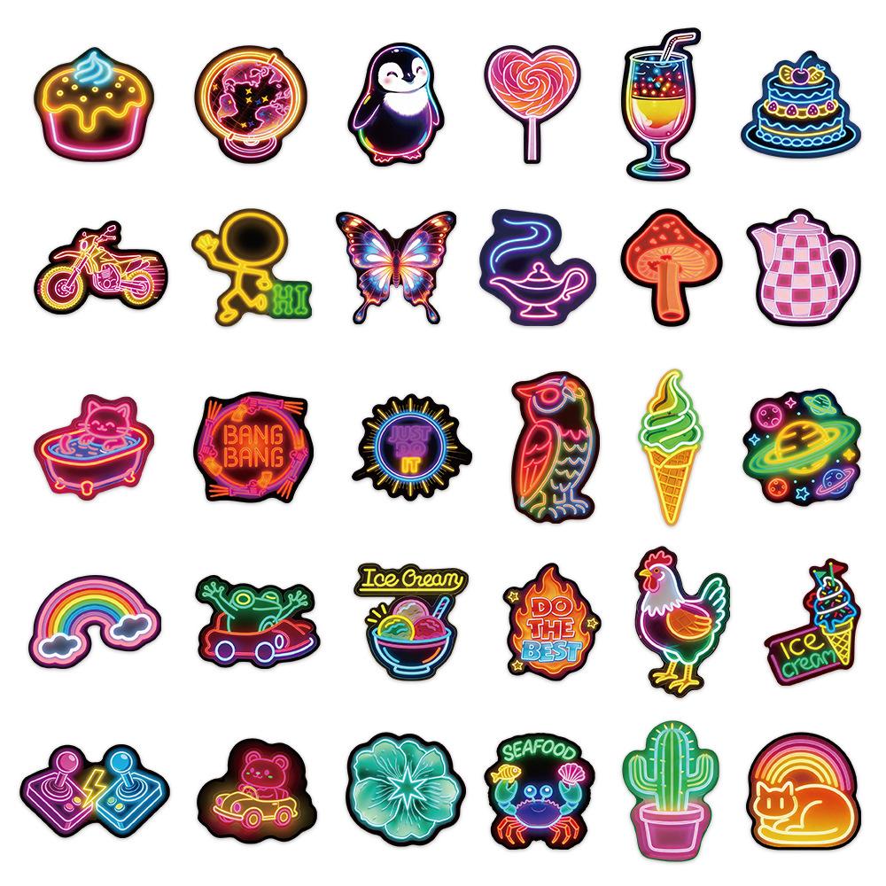 10/30/60pcs Cute Cartoon Animal Food Neon Light Stickers Funny Graffiti Sticker Skateboard Phone Notebook Decals Decoration Toy