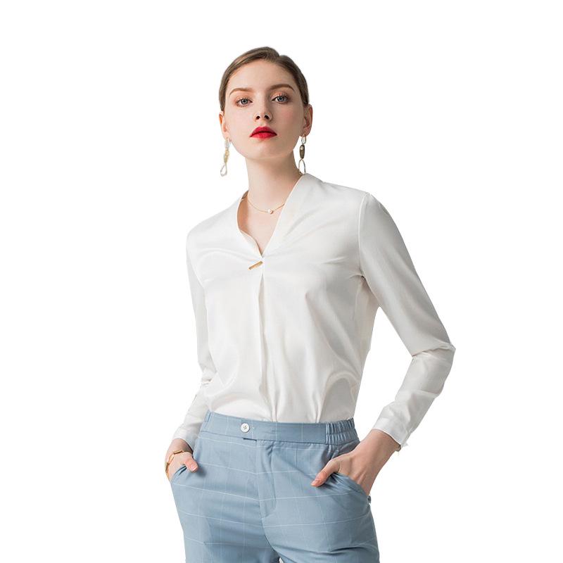 Elegant V-neck Long-Sleeve White Shirt for Women - Chic and Professional Style