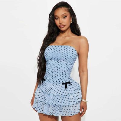 Sommer trägerloses Pünktchen-Print Hüftkleid Mode Sexy Schlauchtop Taille Gepunktetes Netz Schleife Dekoration Sexy kurzes Kleid Süß Schichtiger Rüschen-Eleganter Partykleid