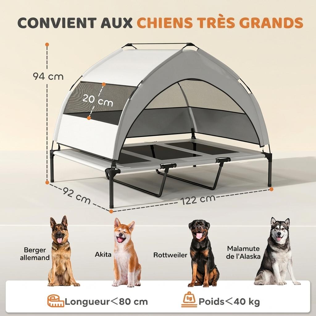 Elevated Dog Bed Tent with Canopy, 3-Sided Textilene, Carrying Bag, 122 X 92 X 94 Cm, Light Grey