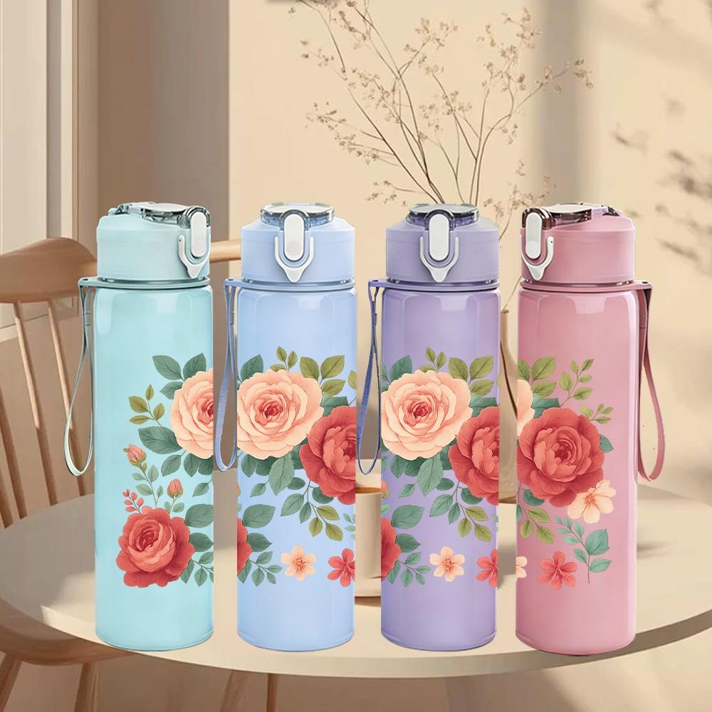 1PC Red Rose Floral Bouquet Art 750ml Color Plastic Sports Water Bottle Leakproof Flip Straw Lid Suitable for Sports Office Home Use