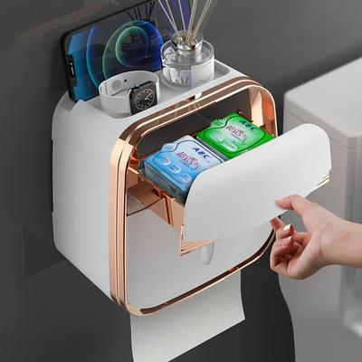 Wall-Mounted Waterproof Toilet Paper Box No-Nail Toilet Tissue Box Free-Punch Tissue Box Toilet Paper Roll Paper Storage Rack