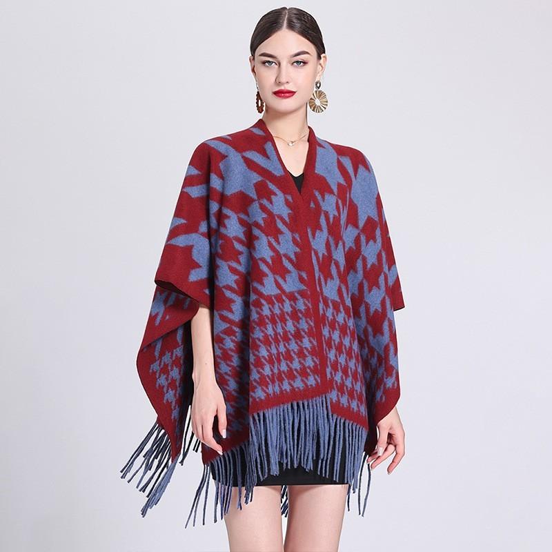 Herbst und Winter Fransen Schal Cape Damen Plaid Cardigan Große Größe Cape Schal Tweed Jacke